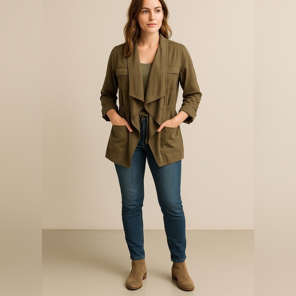 Caslon Olive Green Waterfall Jacket drape Cotton Tencel Blend